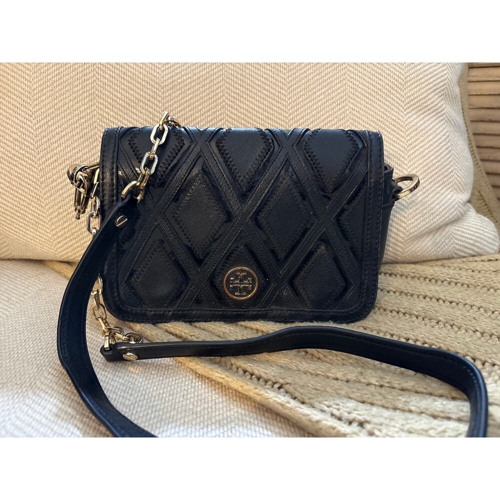 Tory Burch Robinson Patchwork Mini Chain Bag Black Leather
